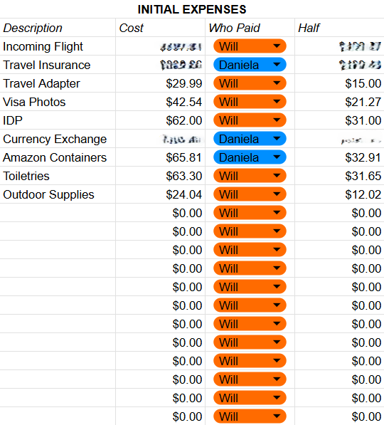 A budget planning spreadsheet open in Google Sheets